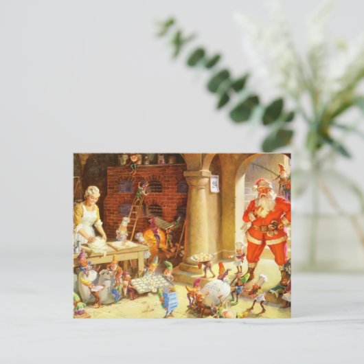 ミセス・クロースと小妖精や小人がクリスマスクッキーを焼く シーズンポストカード (スタンド正面)