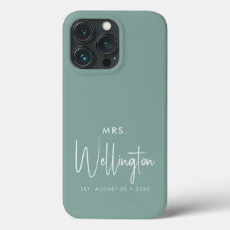 ミセス・スクリプト緑のカスタム花嫁の名前の新婚 iPhone 13 PROケース