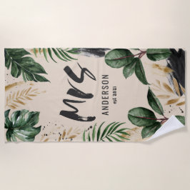 ミセス・トロピカル・ボタニック・グリーン・ブラック・タイポグラフィ  ビーチタオル