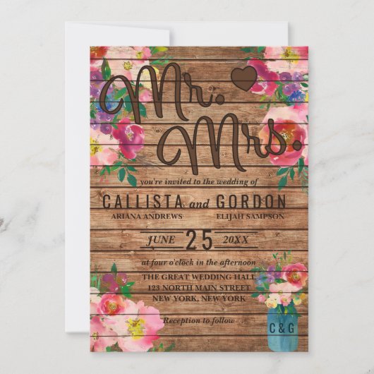 ミセス・ピンク素朴のフローラ・ウッド・メイソン・ジャー結婚ズ 招待状 (正面)