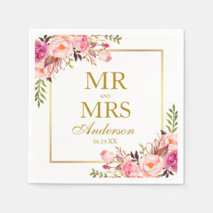ミセス・ピンク赤面フローラ結婚金ゴールド スタンダードカクテルナプキン
