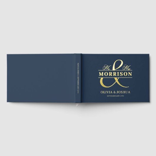 ミセス・フォト・ネイビー・ブルーエレガントモダンの結婚金ゴールド ゲストブック (全面)