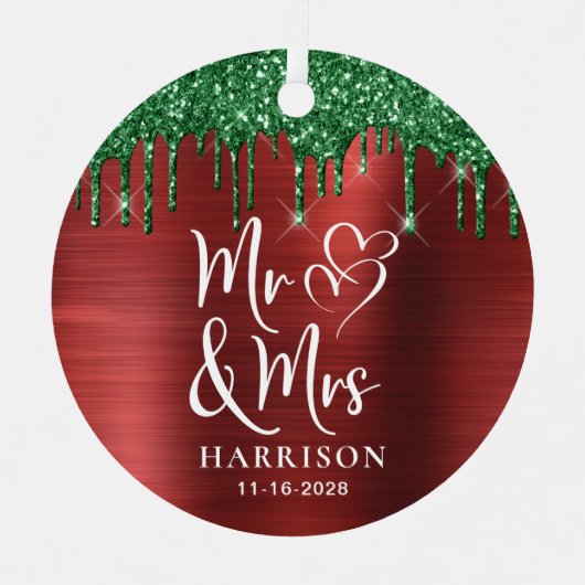 ミセス・フォト・レッド・グリーン・グリッター新婚クリスマス メタルオーナメント (正面)