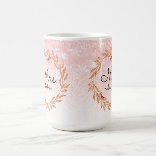 ミセス ローズ ゴールド バタフライ ピンク グリッター ブライダル シャワー コーヒーマグカップ (中央)
