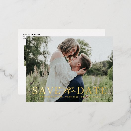 ミッエレガントクスタイポグラフィ写真の保存日付 箔招待状ポストカード (正面/裏面)