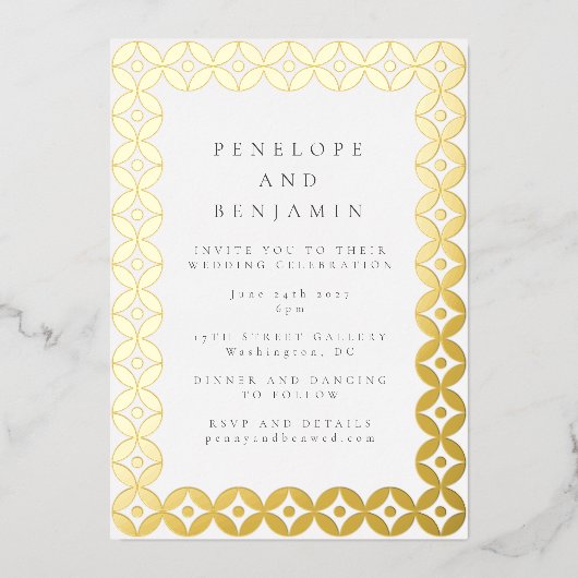 ミッエレガントドモダン幾何結婚シックな白金ゴールド 箔招待状 (正面)