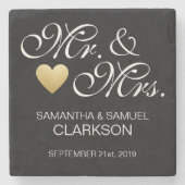 ミッカスタムトさんホワイトブラックハート結婚式の引き出物 ストーンコースター (正面)