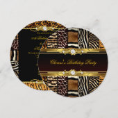 ミックスアニマルプリント バースデーパーティー ゴールド ブラック 2 招待状 (正面/裏面)