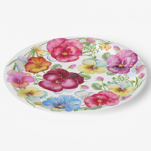 ミックスウォーターカラーパンジーフラワーズ  ペーパープレート (アングル)