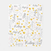 ミックスネームイニシャルと金ゴールドハートのレプリケート フリースブランケット (正面)