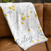 ミックスネームイニシャルと金ゴールドハートのレプリケート フリースブランケット