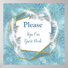 ミックスブルーパターン、羽毛、ホワイトレース ポスター