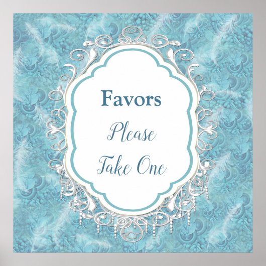 ミックスブルーパターン、羽毛、ホワイトレース ポスター (正面)