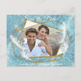 ミックスブルーパターン、羽毛、ホワイトレース 案内ポストカード