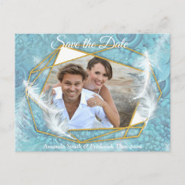 ミックスブルーパターン、羽毛、ホワイトレース 案内ポストカード