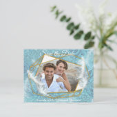 ミックスブルーパターン、羽毛、ホワイトレース 案内ポストカード (スタンド正面)