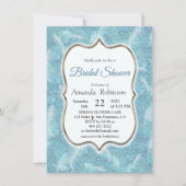 ミックスブルーパターン、羽毛、金ゴールド枠 招待状 (正面)