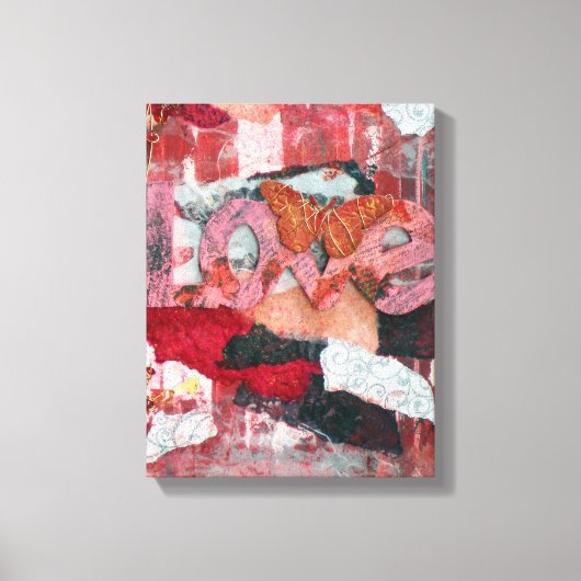 ミックスメディアアートレッドラブバタフライ キャンバスプリント (正面)