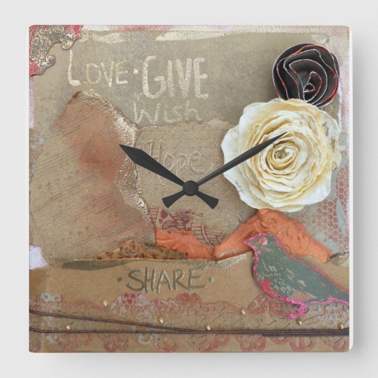 ミックスメディアアート引用文花 スクエア壁時計 (正面)