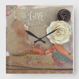 ミックスメディアアート引用文花 スクエア壁時計