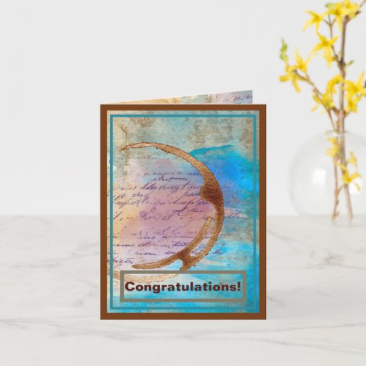 ミックスメディアコーヒー汚れジャンクジャーナルおめでとう カード (黄色い花)