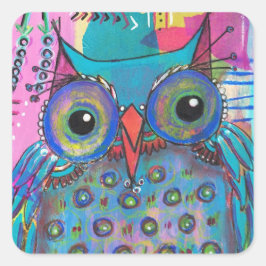 ミックスメディアフクロウのシール スクエアシール