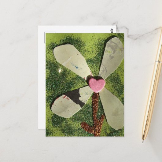 ミックスメディアフラワーピンクハートセンター ポストカード (正面/裏面インサイチュ)