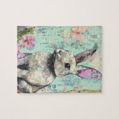 ミックスメディアラビットピンクの蝶と花 ジグソーパズル (横)