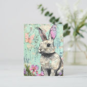 ミックスメディアラビットピンクの蝶と花 ポストカード (スタンド正面)