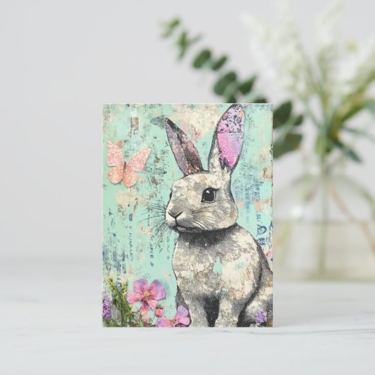 ミックスメディアラビットピンクの蝶と花 ポストカード (スタンド正面)