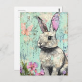 ミックスメディアラビットピンクの蝶と花 ポストカード (正面/裏面)