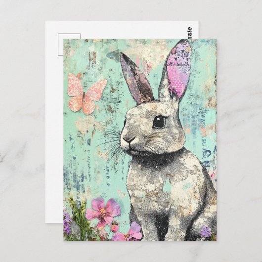 ミックスメディアラビットピンクの蝶と花 ポストカード (正面/裏面)