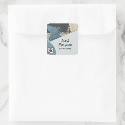 ミックスメディア抽象芸術グレーグレーブルーQRコード スクエアシール (バッグ)