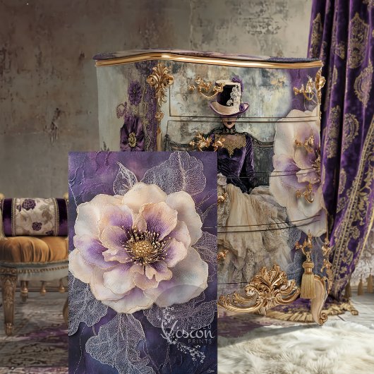 ミックスメディア牡丹、ダークパープル、薄紫、グレー 薄葉紙