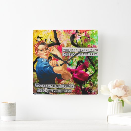 ミックスメディ感動的アRosie the Riveter スクエア壁時計 (ホーム)