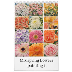 ミックス春の花の絵を描水色1 カレンダー