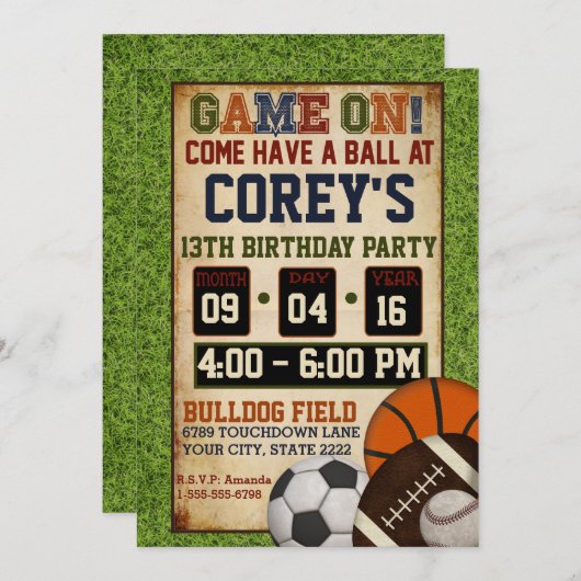 ミックス·スポーツ誕生日パーティーの招待 招待状 (正面/裏面)