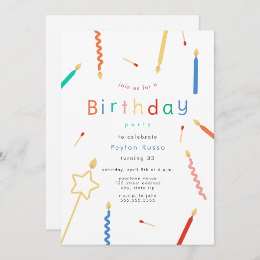 ミックス+マッチろうそく&マッチ誕生日 招待状 (正面/裏面)