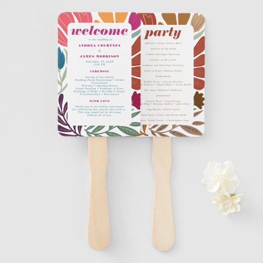 ミックス&マッチレトロ抽象芸術フローラ結婚式 プログラム ハンドファン (正面&裏面)