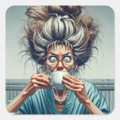 ミッシ笑わされるュ・パンとコーヒーを持つ女性 スクエアシール (正面)