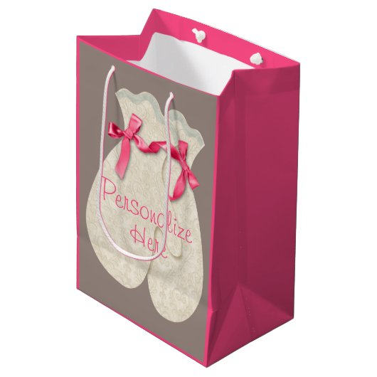 ミッテンエレガントレース冬のリボンかわいいピンクのクリーム ミディアムペーパーバッグ (正面アングル)