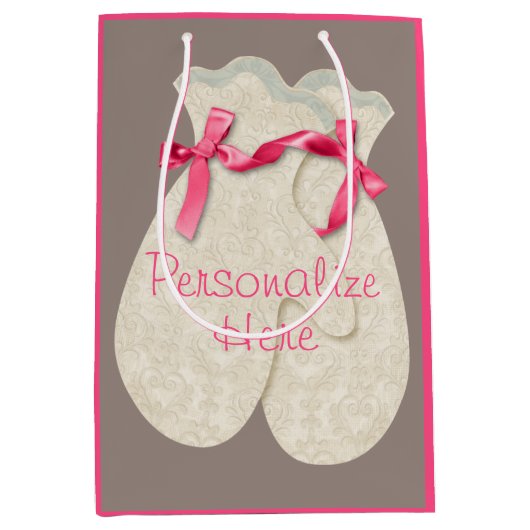 ミッテンエレガントレース冬のリボンかわいいピンクのクリーム ミディアムペーパーバッグ (正面)