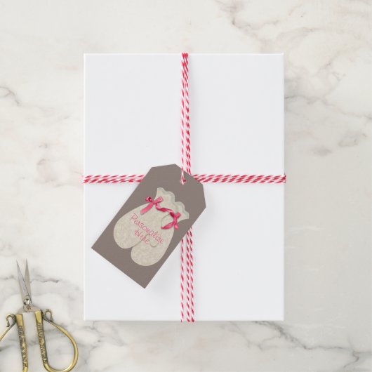 ミッテンエレガントレース冬のリボンのピンククリームかわいい ギフトタグ (より糸付き)