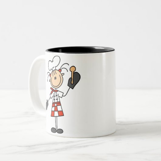 ミットおよび木のスプーンを持つメスのシェフ ツートーンマグカップ (正面左)