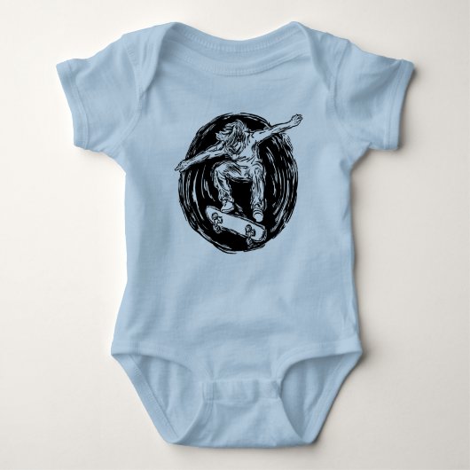 ミッドエアスケートボードをしている伝説的なスケーター ベビーボディスーツ (正面)