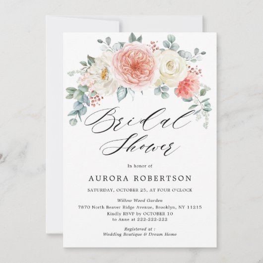 ミッドサマーピーチパウダーピンクフローラブライダルシャワー 招待状 (正面)