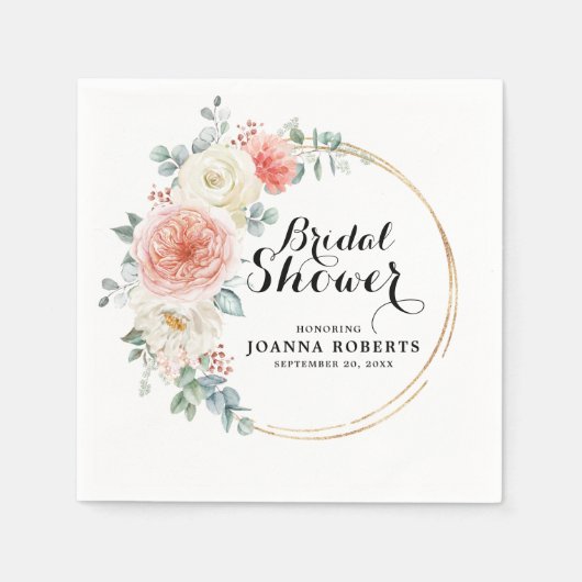 ミッドサマーピーチパステルピンクフローラブライダルシャワー スタンダードカクテルナプキン (正面)