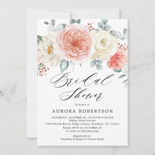 ミッドサマーピーチパステルピンクフローラブライダルシャワー 招待状 (正面)