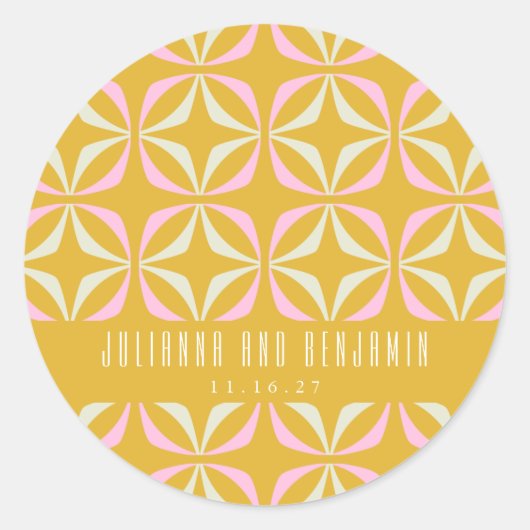 ミッドジオメモダントリックイエローピンクカスタムウェディング ラウンドシール (正面)