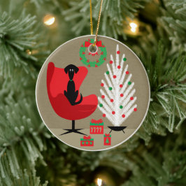 ミッドセンチュリーのクリスマスルームの黒犬 セラミックオーナメント